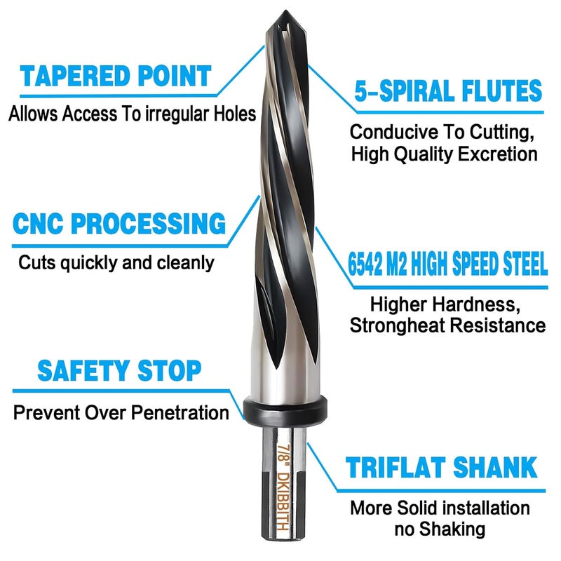 DKIBBITH 7/8” Bridge Construction Reamer Drill Bit, M2 HSS Taper Chucking Reamer for Steel Alloy Metal Wood Plastic, 1/2" Non-Slip Shank, 5-Spiral Flutes Car Reamer, to Align or Enlarge Holes, 22mm - Image 3